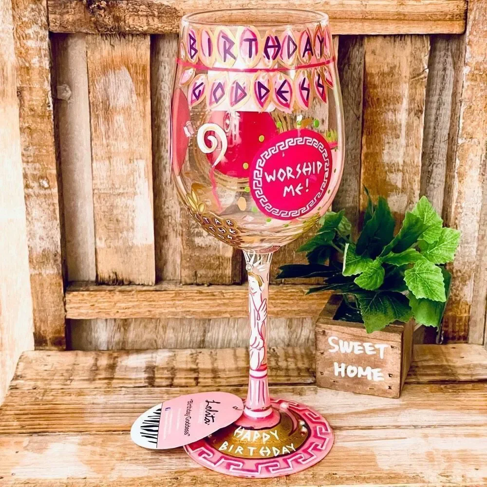 NWT Gorgeous Lolita Collector's 13 oz Birthday Goddess Pink Wine Stem Wine Glass